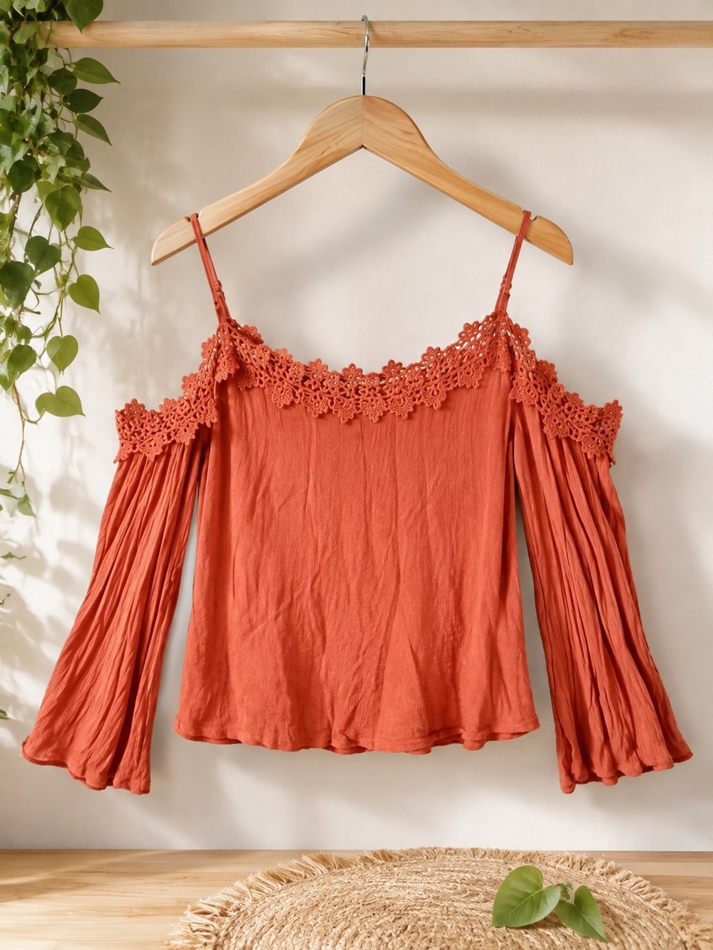 Flying Tomato Rust Off-Shoulder Crochet-Trim Camisole